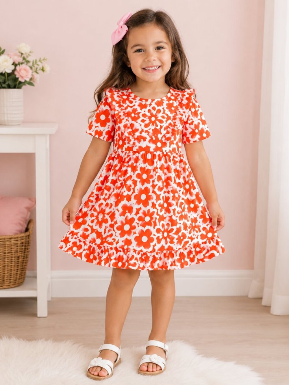 Girls Red & White Floral Ruffle Dress | Boutique Style Summer Dress - Brand New